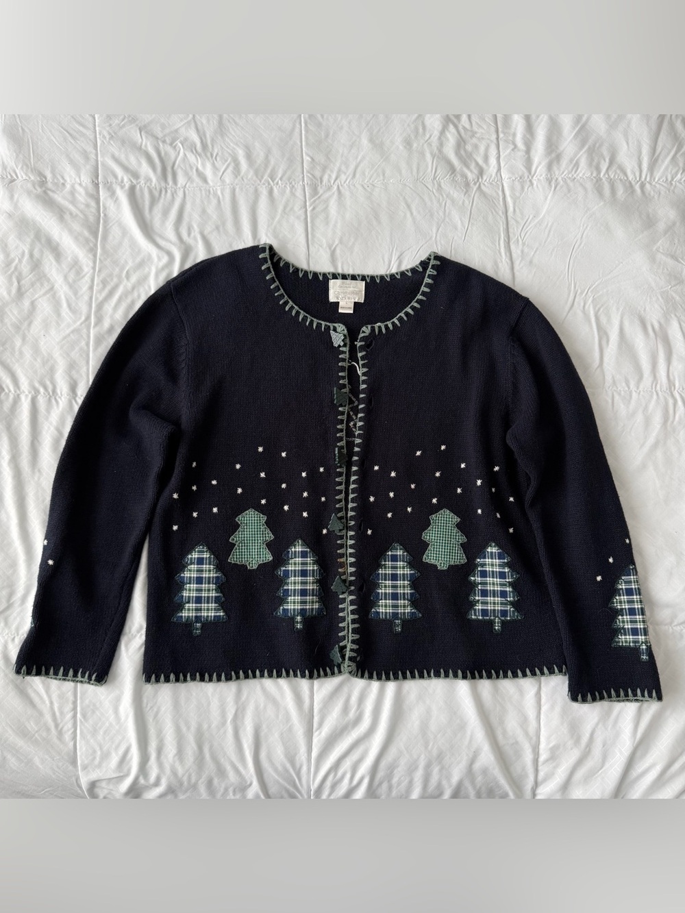 Vintage Christopher & Banks Christmas Tree Cardigan Sweater L Embroidered Y2K